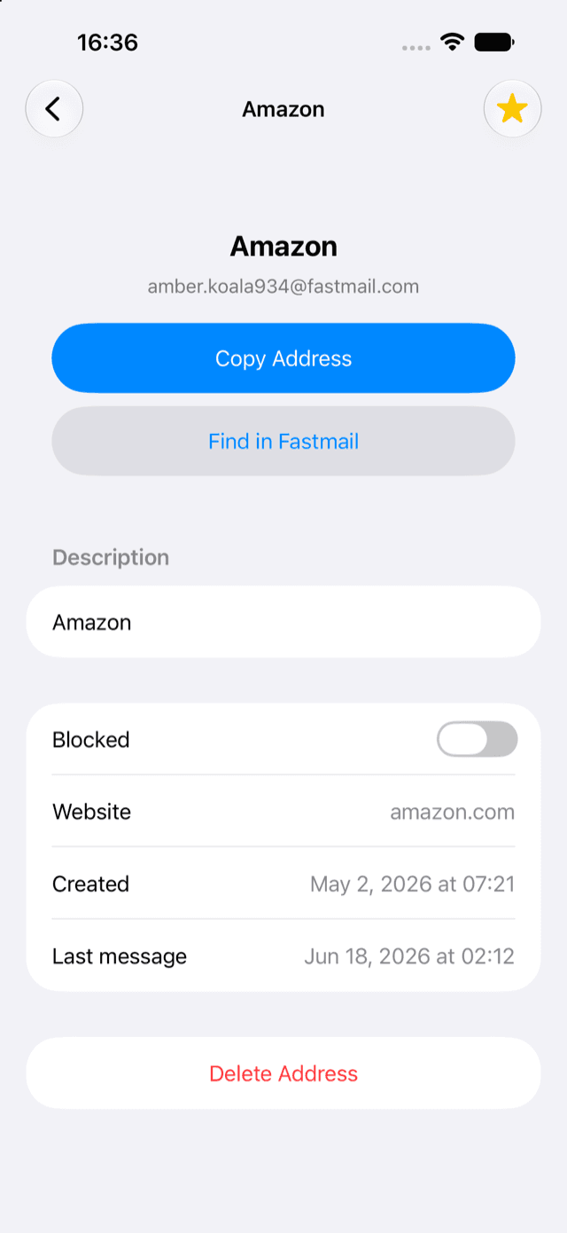 Maskbox alias detail with copy address and block toggle