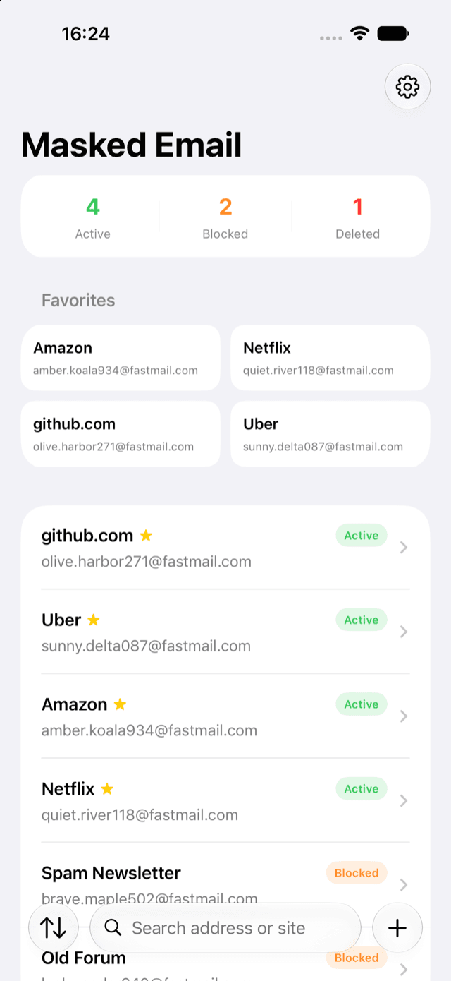 Maskbox alias list with active, blocked, and deleted counts