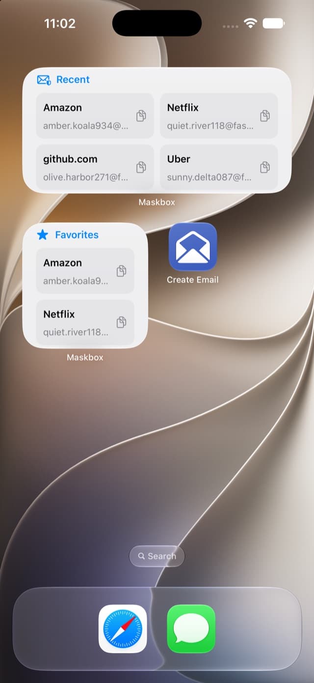 Maskbox Home Screen widgets and the Create Email shortcut